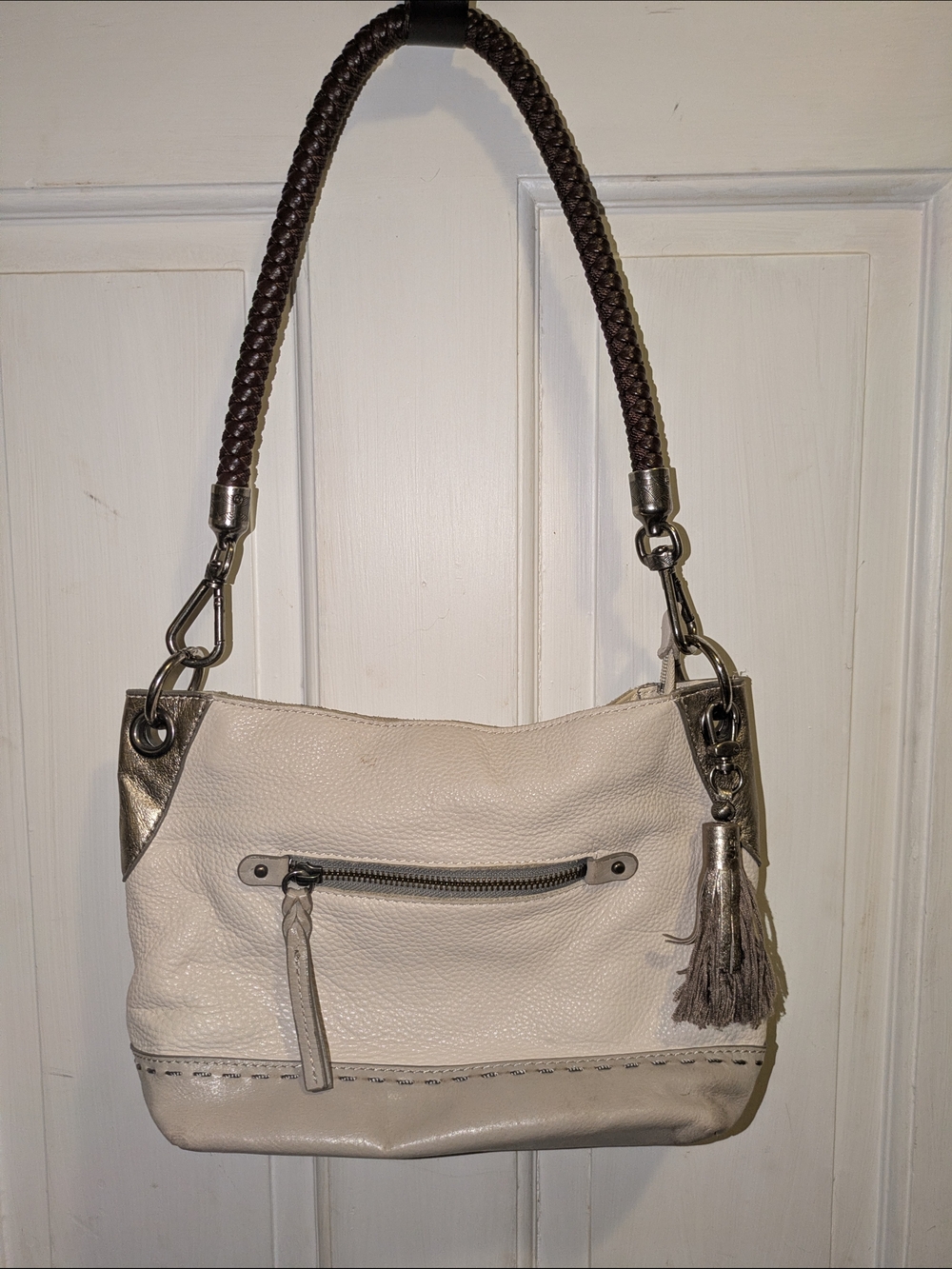 The Sak Cream Leather Shoulder Bag with Dark Brown Braided Handle